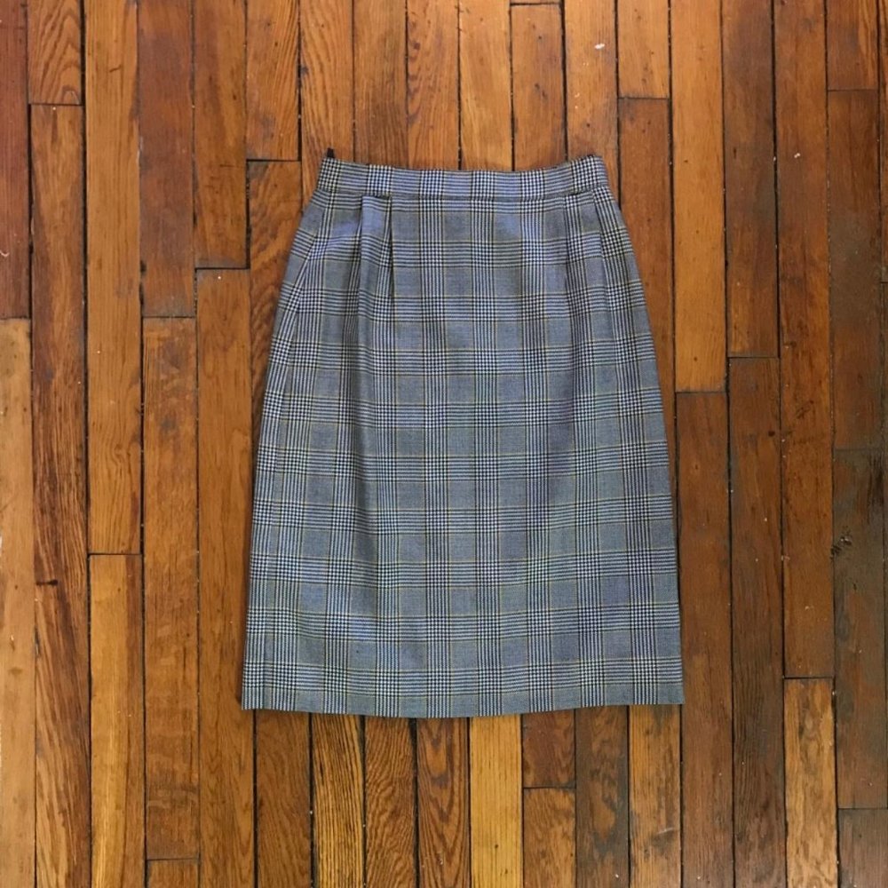 Vintage 80s CELINE Paris Wool Blend Women's Black White Yellow Houndstooth Skirt